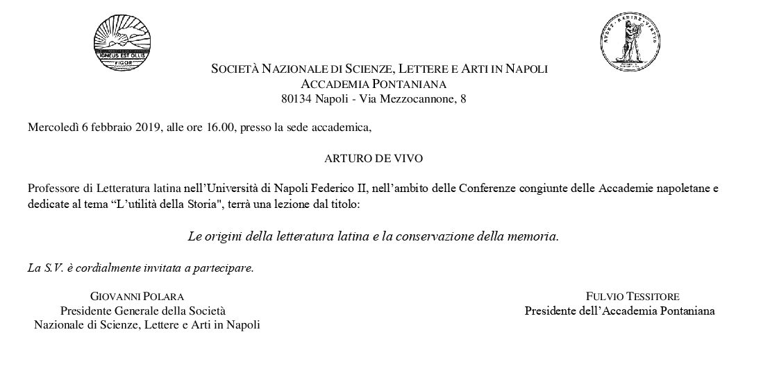 Archiviato: 6 Febbraio 2019 – Prof. A. De Vivo “Le origini della letteratura latina e la conservazione della memoria”